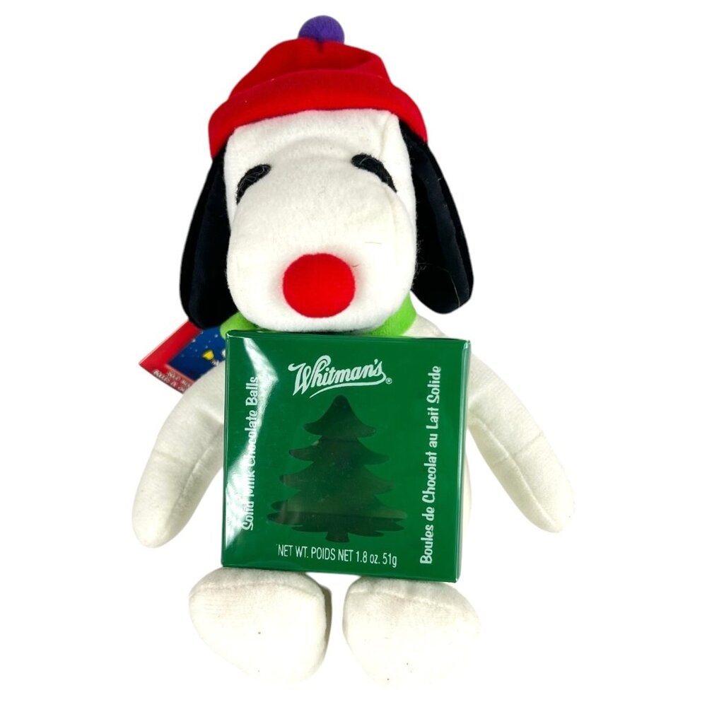 Whitmans Peanuts Snoopy Plush Holding Chocolates Box Wearing Winter Hat & Scarf